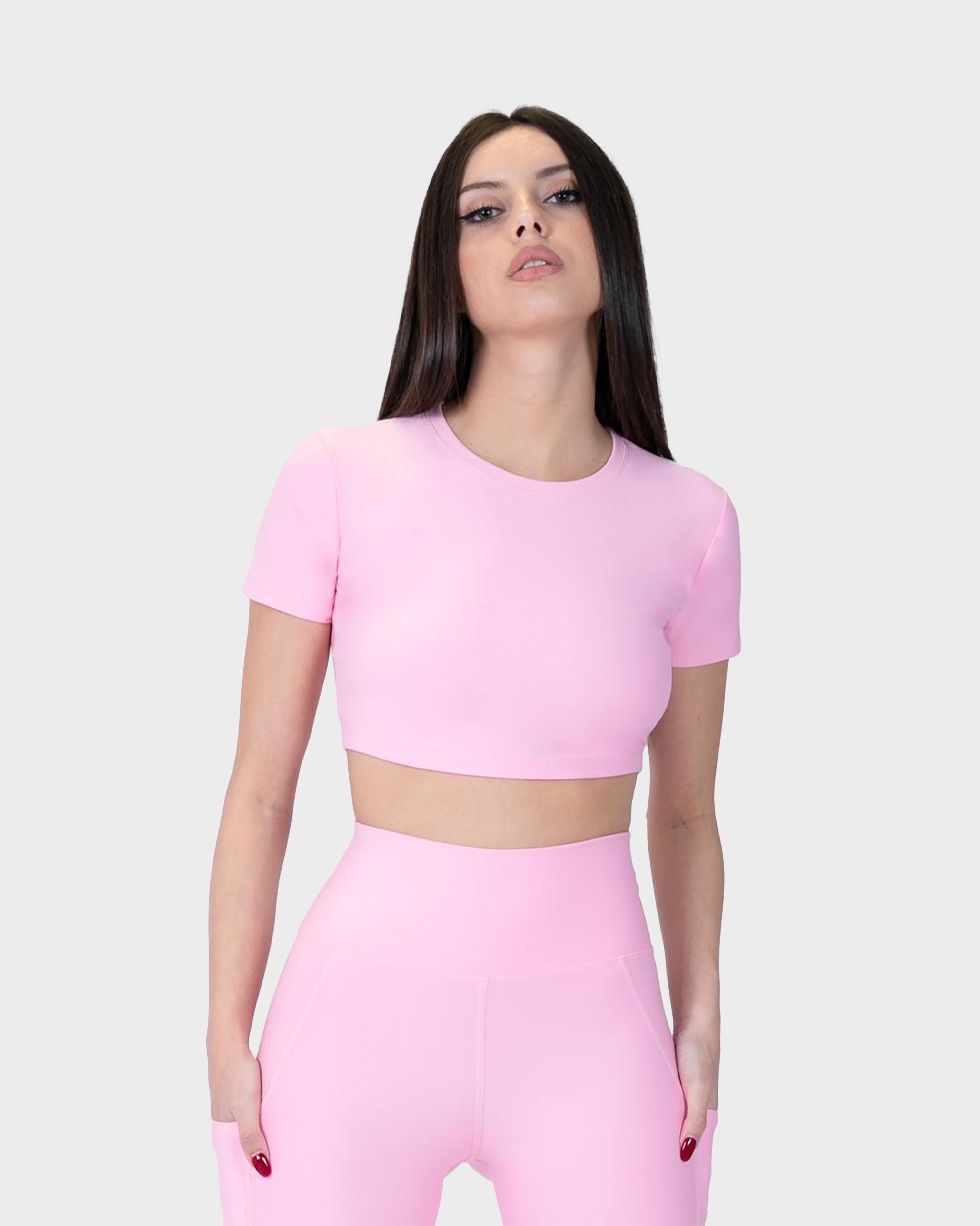 SPORTS SHORT SLEEVE CROP TOP PINK