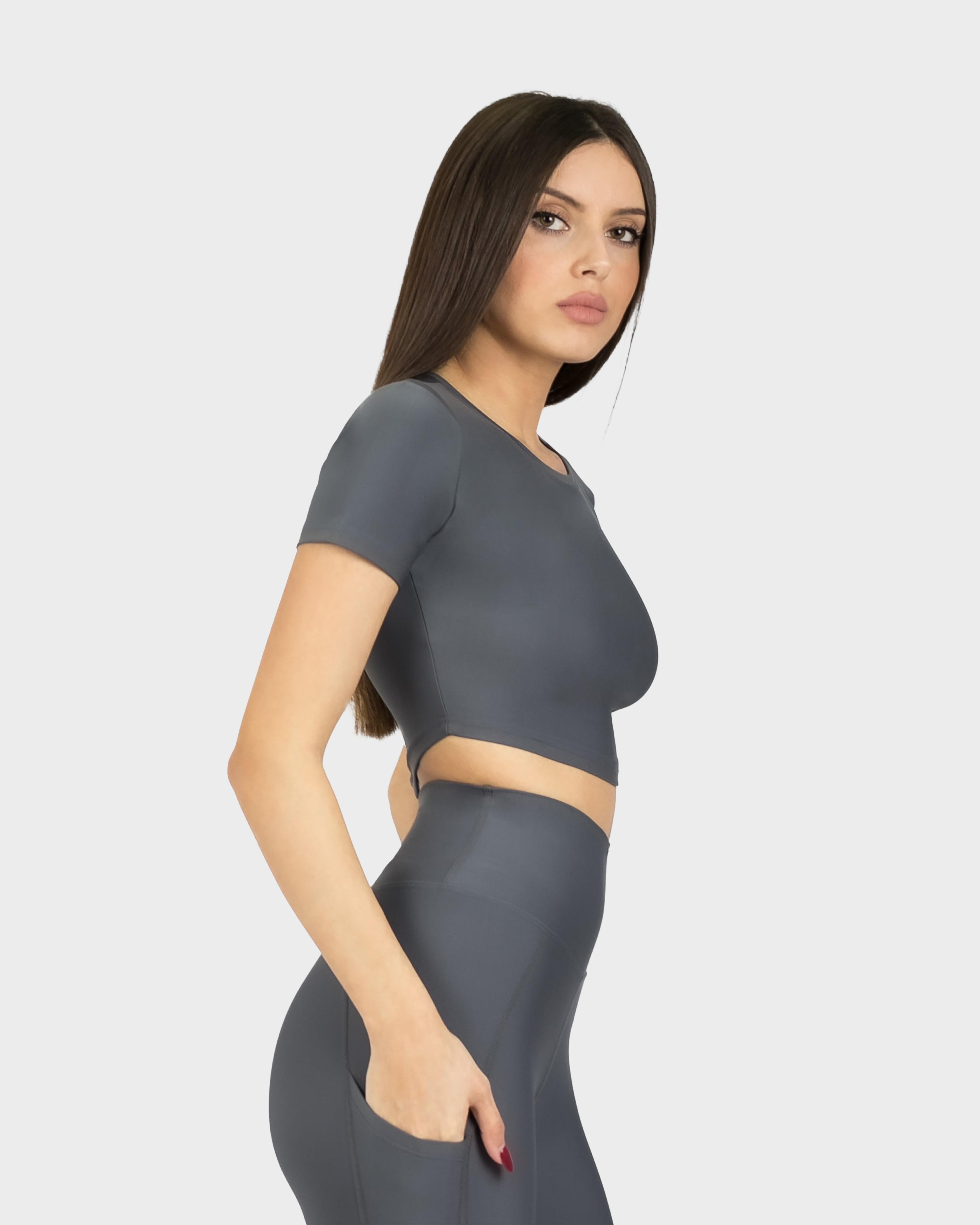 SPORTS SHORT SLEEVE CROP TOP D.GREY