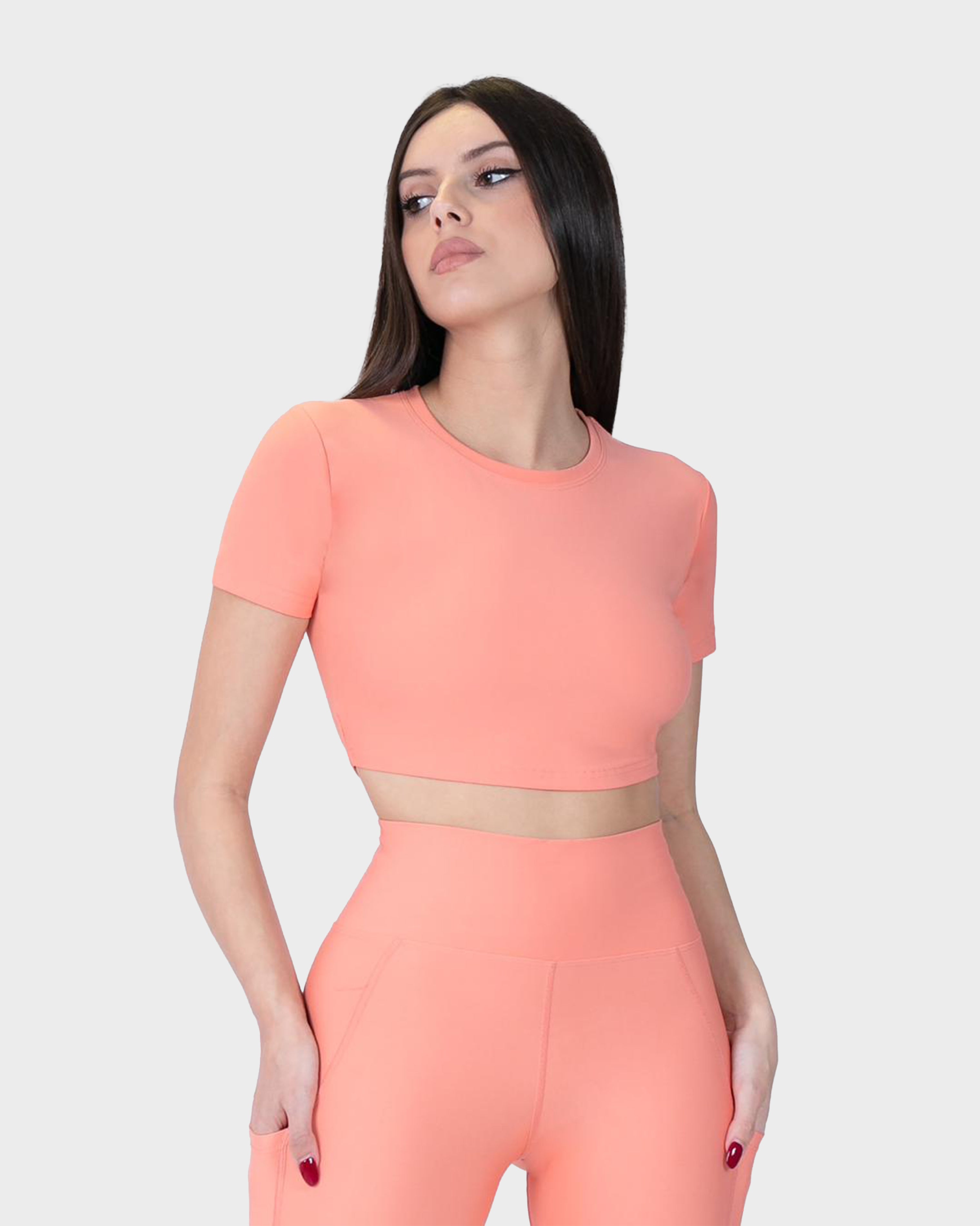 SPORTS SHORT SLEEVE CROP TOP PEACH