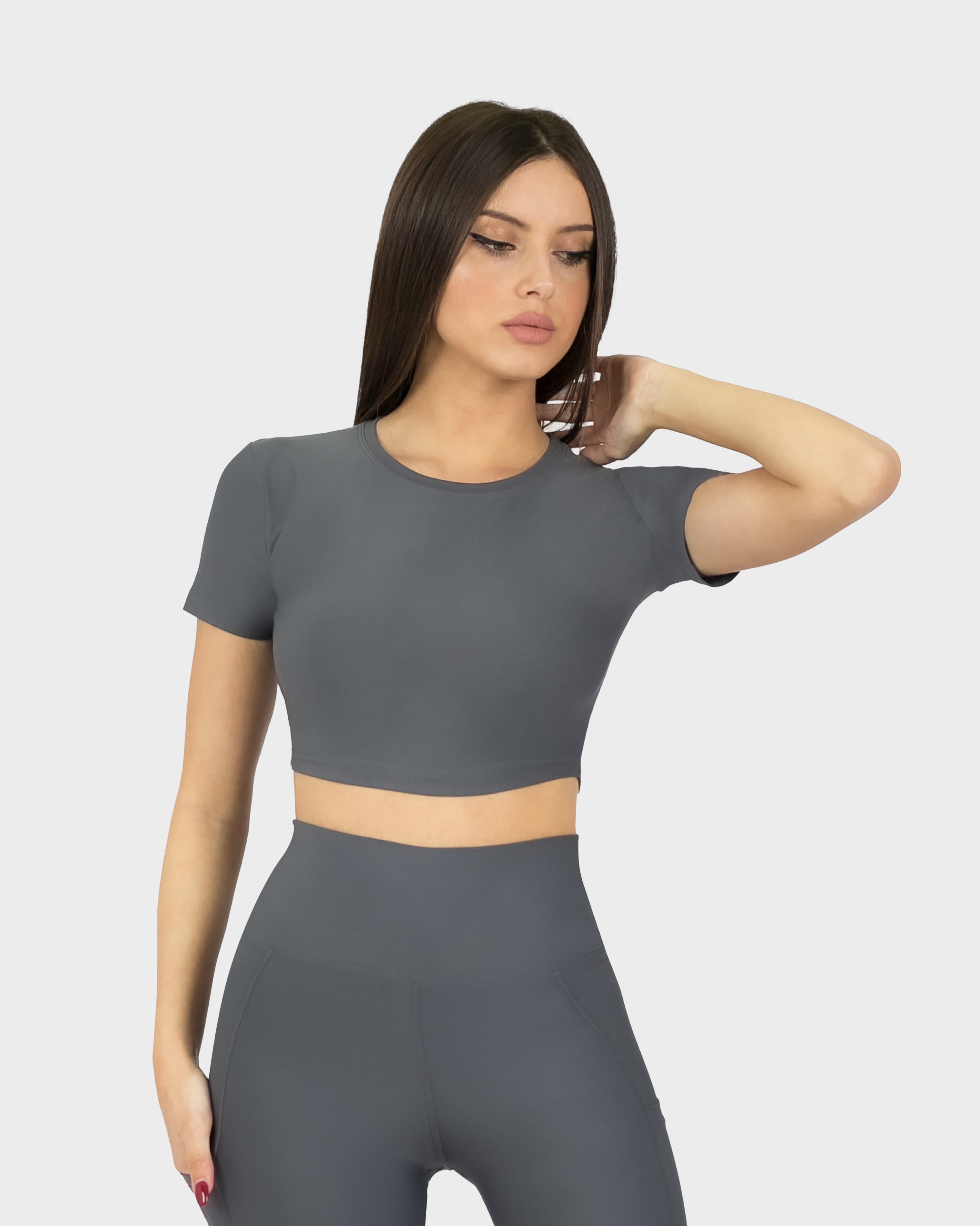 SPORTS SHORT SLEEVE CROP TOP D.GREY